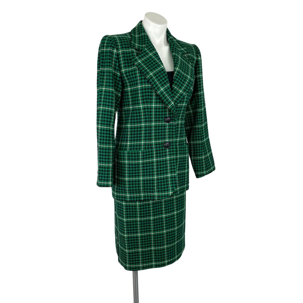 VINTAGE YSL Yves Saint Laurent Rive Gauche Green Plaid Wool Skirt Set FR 38 XS - Picture 6 of 15